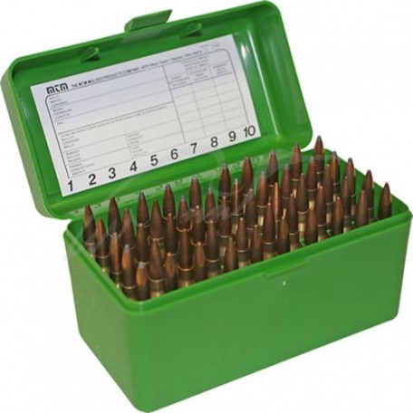 Коробка MTM RL-50 на 50 патронів кал. 22-250 Rem; 243 Win; 6 mm BR Norma; 6,5x55; 30-30 Win; 7,62x39 і 308 Win. Колір – зелений.